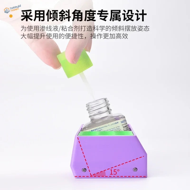 Purple 15-degree tilt glue holder for scale modeling glue bottles