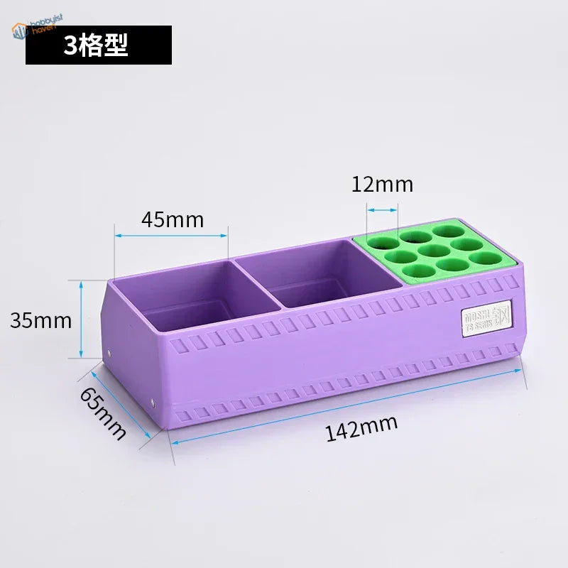 Purple glue holder organizer with green slots for scale modeling glue bottles