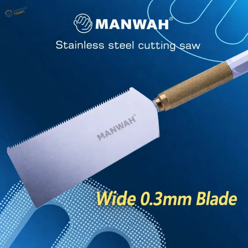 Manwah 0.3mm ultra-thin stainless steel saw with a wide stainless blade and textured gold-colored handle for scale modeling tools