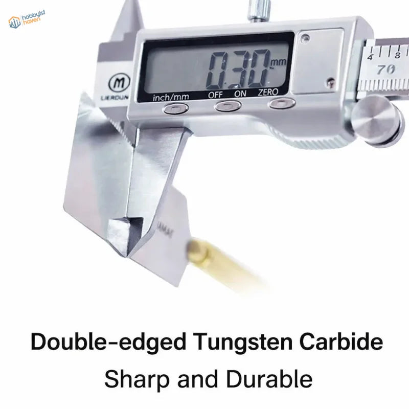 Silver digital caliper measuring the double-edged tungsten carbide stainless blade of the manwah ultra-thin saw for scale modeling tools
