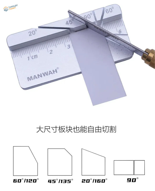 Silver Manwah metal angle ruler with measurement markings and cutting tool for precision hobby tools and scale modeling tools