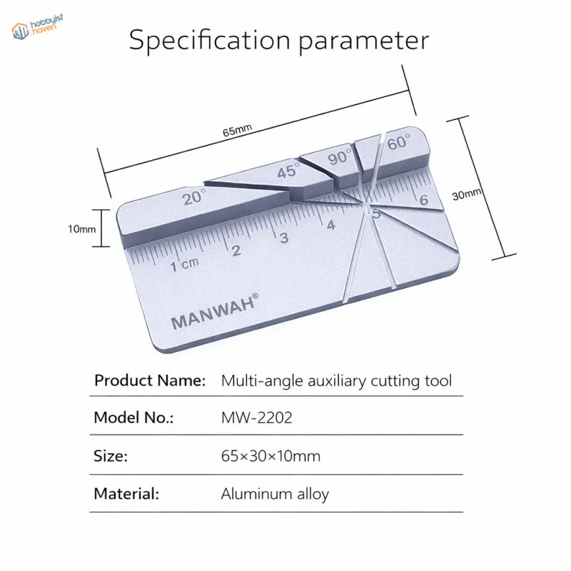 Silver aluminum alloy manwah multi-angle cutting jig with engraved degree markings and ruler scale for precision hobby tools