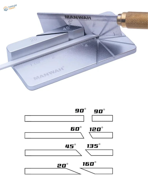 Silver metallic manwah multi-angle cutting jig with brass-handled tool features precise degree markings and 1 cm scale for scale modeling tools and precision hobby tools