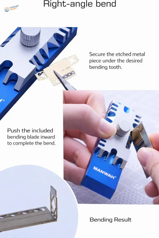 Blue and silver manwah right-angle metal bending tool with precision teeth for shaping etched metal pieces for scale modeling tools