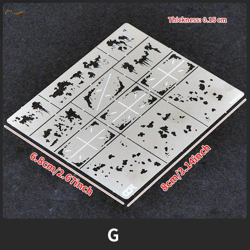 Silver streaking stencil with ink splatter for scale modeling tools
