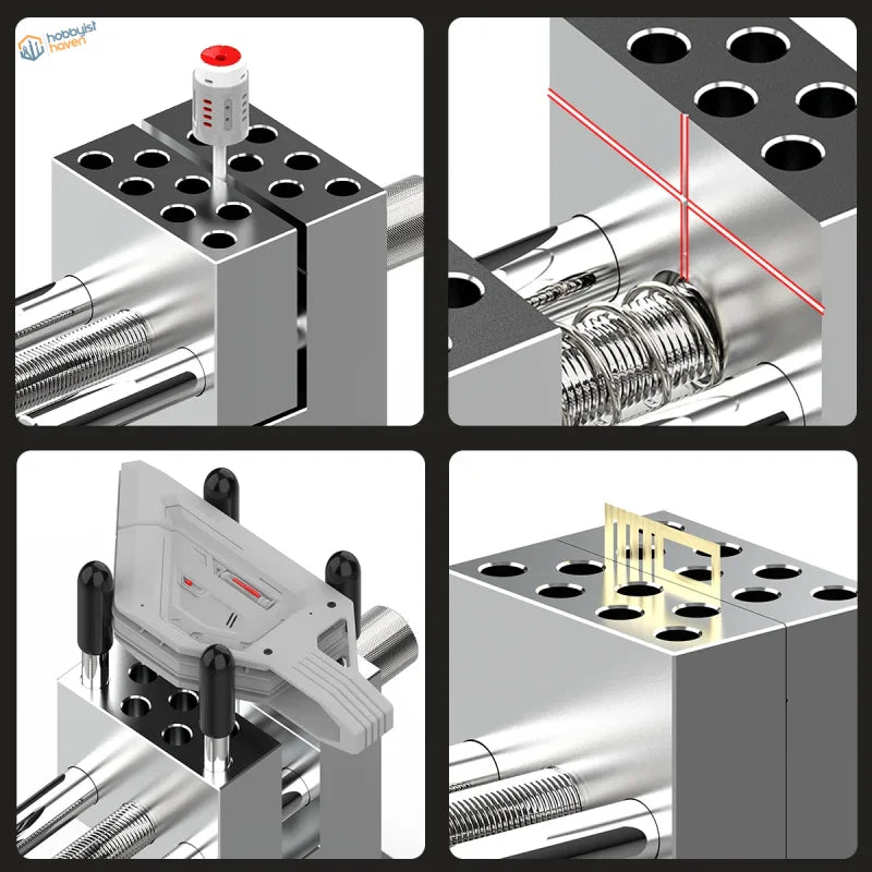 Silver industrial-grade plastic and metal injection molding machine with red laser guide for precision bench vise and small parts