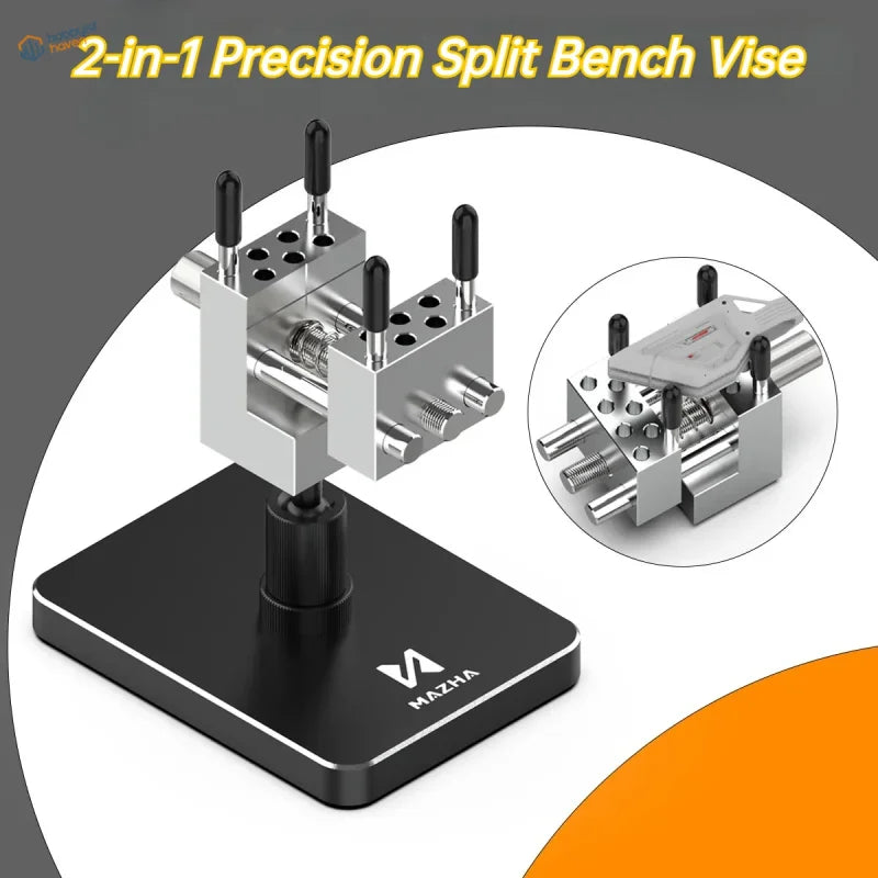 Silver Mazha 2-in-1 precision bench vise with black handles and sleek sturdy base for stable desktop work with small parts