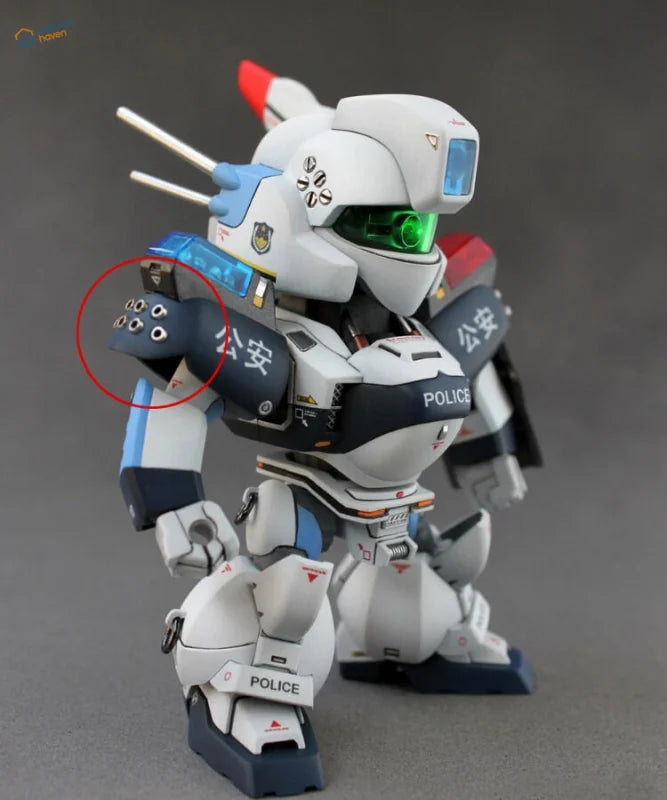 White and blue police robot Gunpla metal parts with green eyes,公安 markings