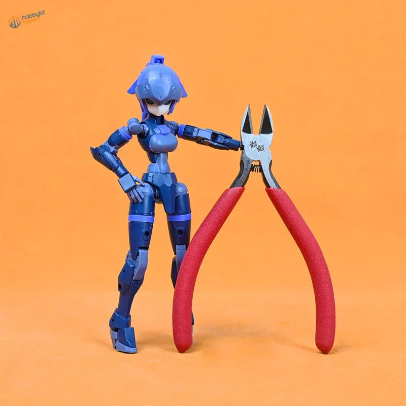 Blue plastic action figure holding red-handled rods wire cutting pliers