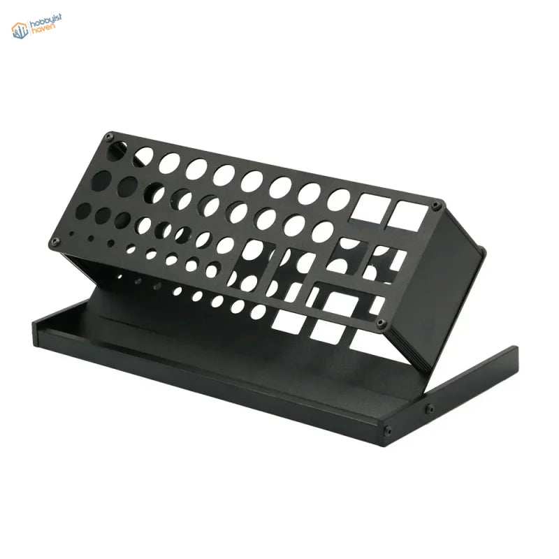 Black metallic angled holding shelf with 41 perforated holes