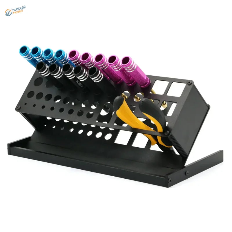 Metallic angled holding shelf with black tool organizer, colorful screwdrivers, yellow pliers