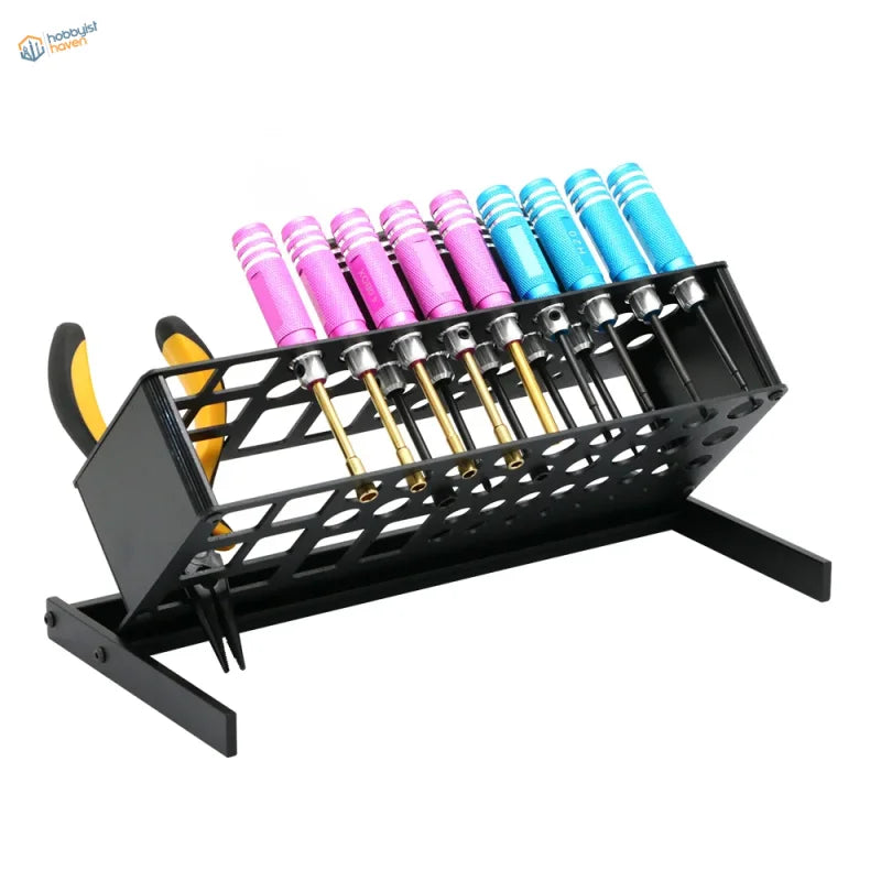 Metallic angled holding shelf with 41 holes for colorful precision tools