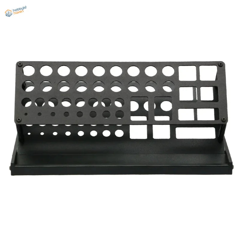 Black metallic angled holding shelf with 41 holes for tools