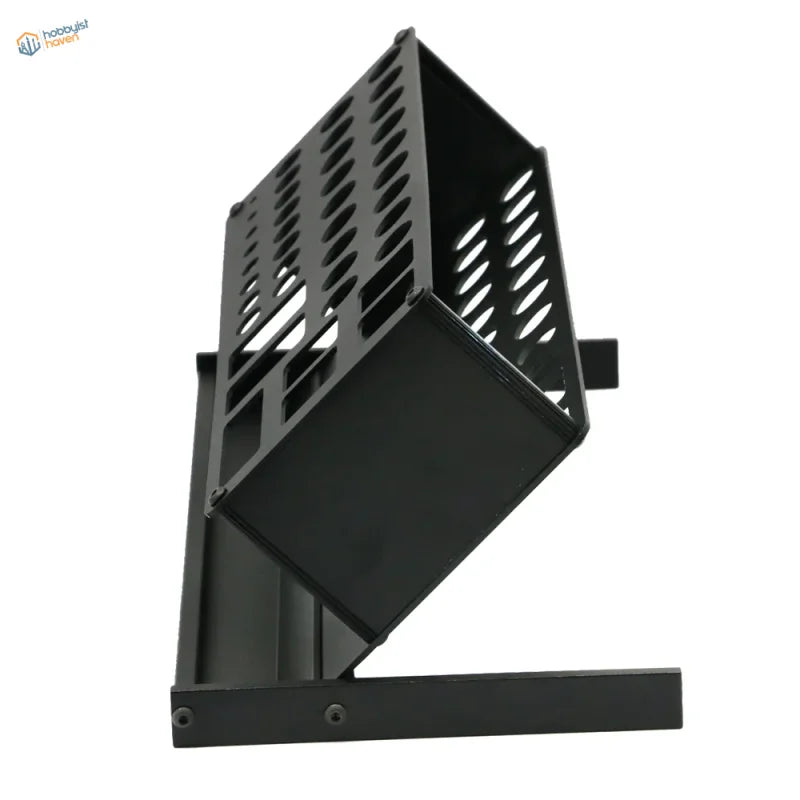 Black metallic angled holding shelf with 41 holes and sturdy base