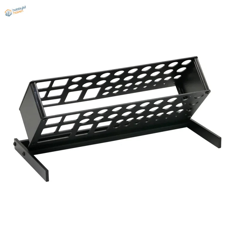 Black metallic angled holding shelf with 41 perforated holes