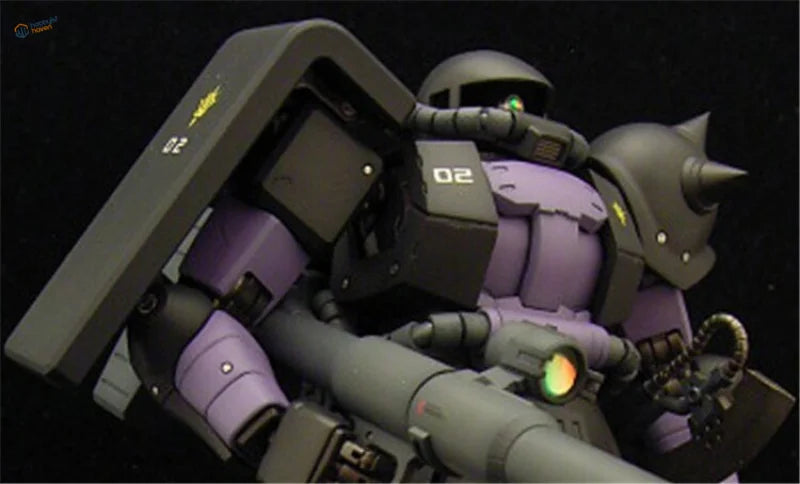 Purple gray Gundam model with green eyes and metallic color sticker