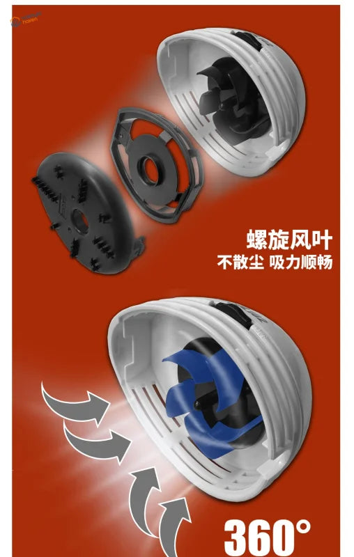 Mini desktop vacuum cleaner with white plastic body and blue spiral blades