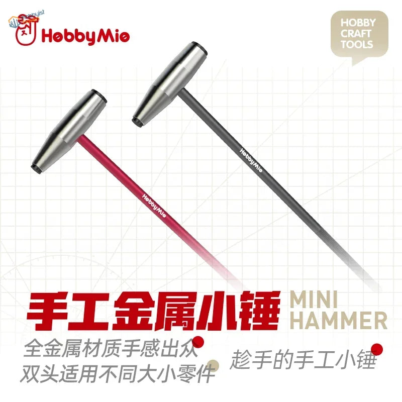 Two mini metal hammers with red black handles, Hobbymie brand