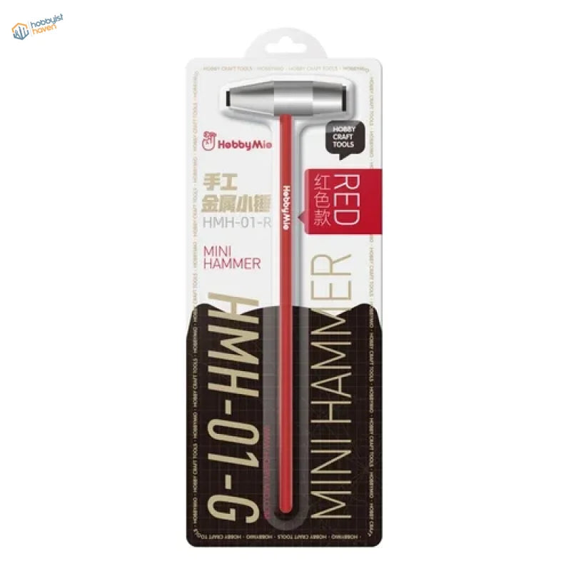 Red-handled mini metal hammer with silver head in retail packaging