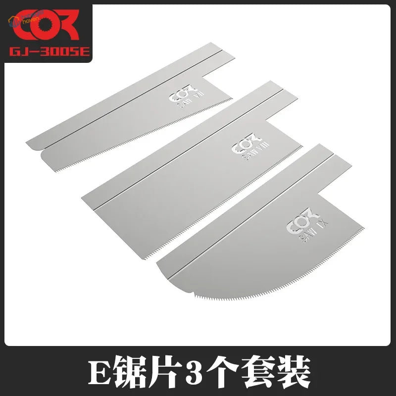 Three silver mini modeling backsaws with fine teeth and branding
