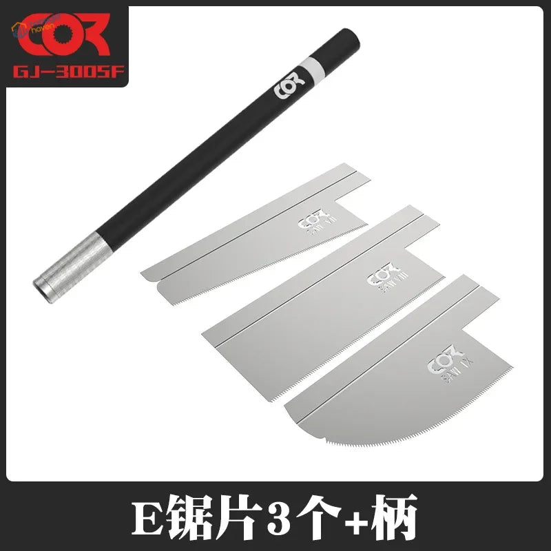 Black-handled Cor GJ-300SF mini modeling backsaw with 3 silver blades