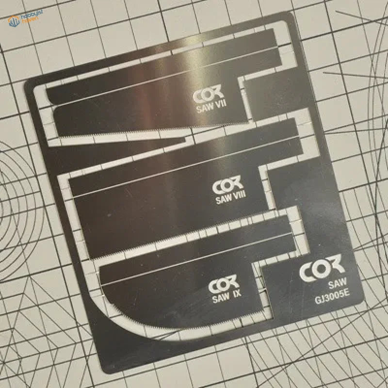 Black metal template with white Cox saw VII VIII IX markings for mini modeling backsaws