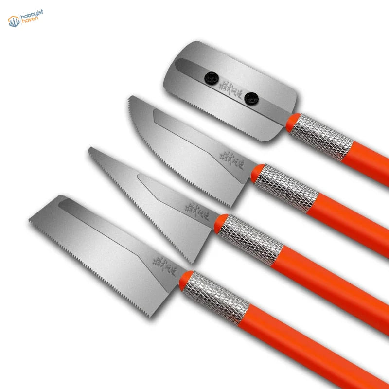 Set of four mini modeling saws with orange handles and silver blades