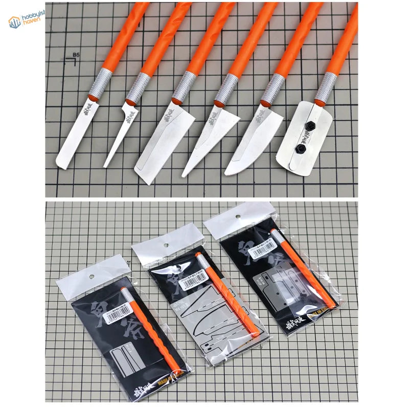 Set of 5 mini modeling saws with orange handles in clear sleeves