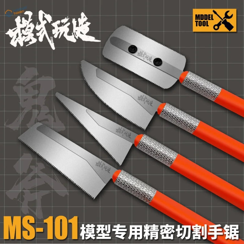 Set of 4 orange-handled mini modeling saws with silver blades