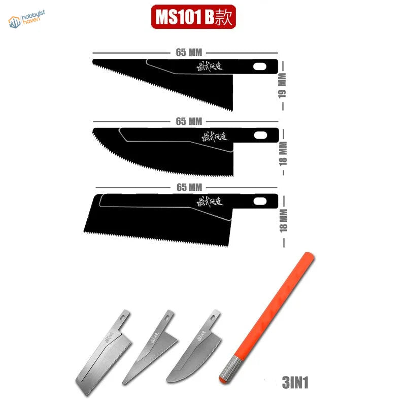 Mini modeling saws: 3 black MS101B blades with orange 3-in-1 tool
