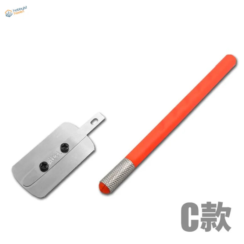 Orange-handled mini modeling saw with silver blade and textured grip