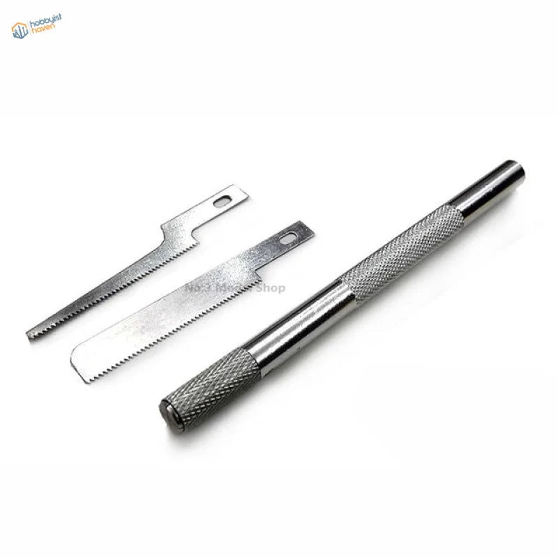 Silver mini modeling saw with textured grip and serrated blades