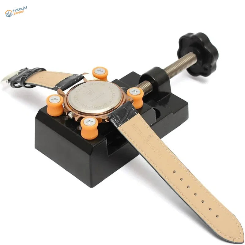 Rose gold watch in beige leather strap secured by Mini Table Vise clamp