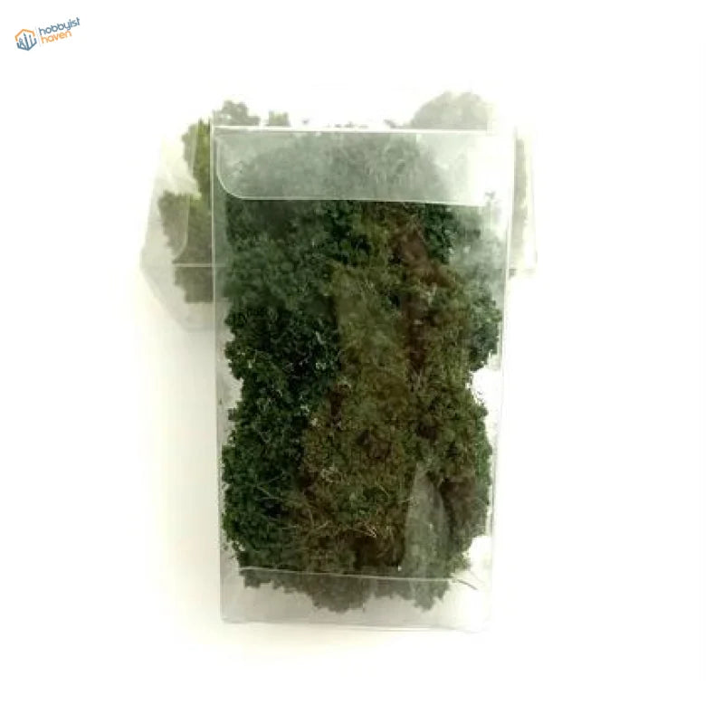 Miniature bush for dioramas: dense dark green mossy material in clear pack