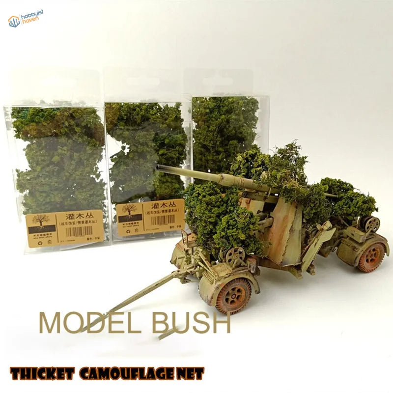 Moss-covered olive-drab miniature artillery bush for dioramas, scale modeling tool