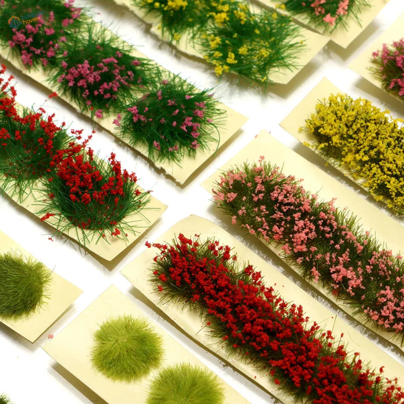 Colorful miniature flower clusters in red, pink, yellow, green on beige bases