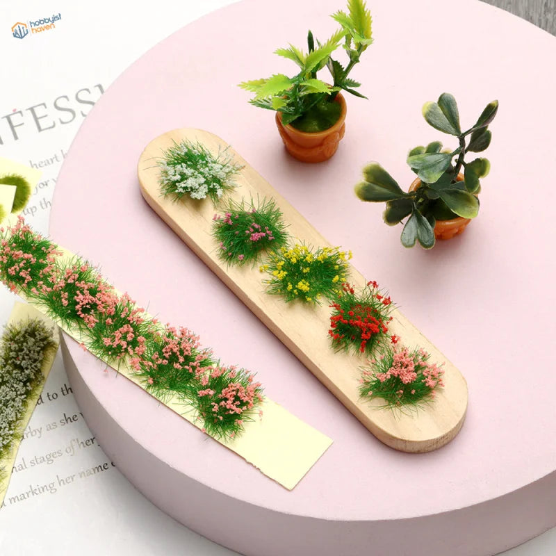 Miniature flower clusters on wooden tray with colorful tiny flowers