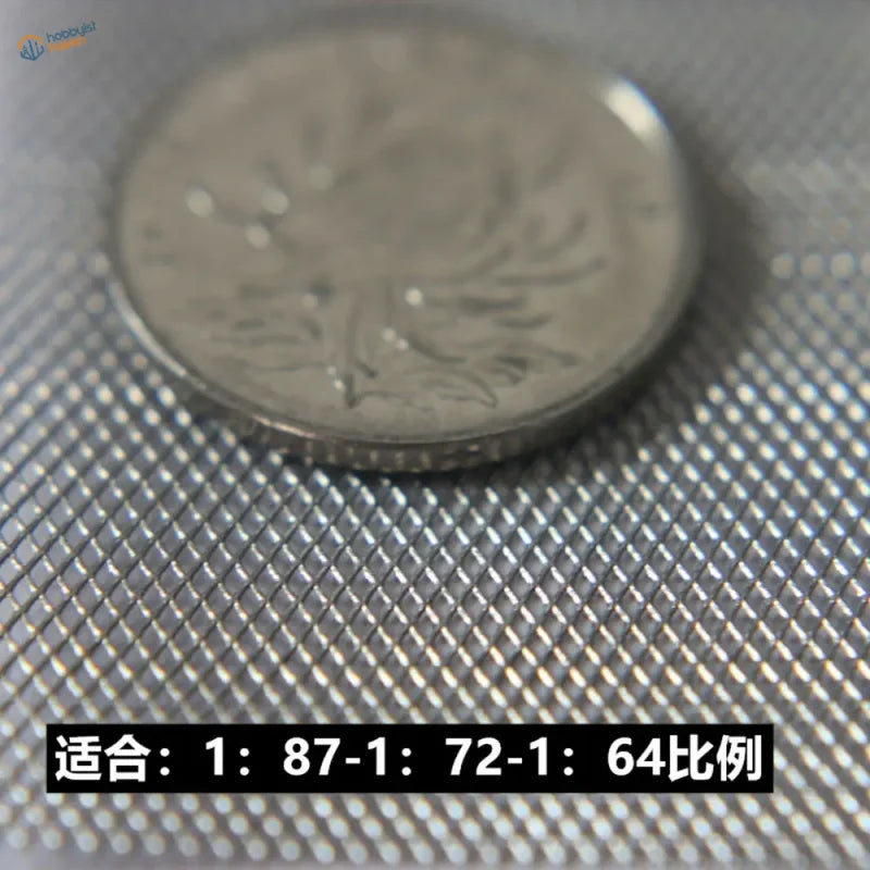 Silver coin with floral design on miniature metal mesh surface