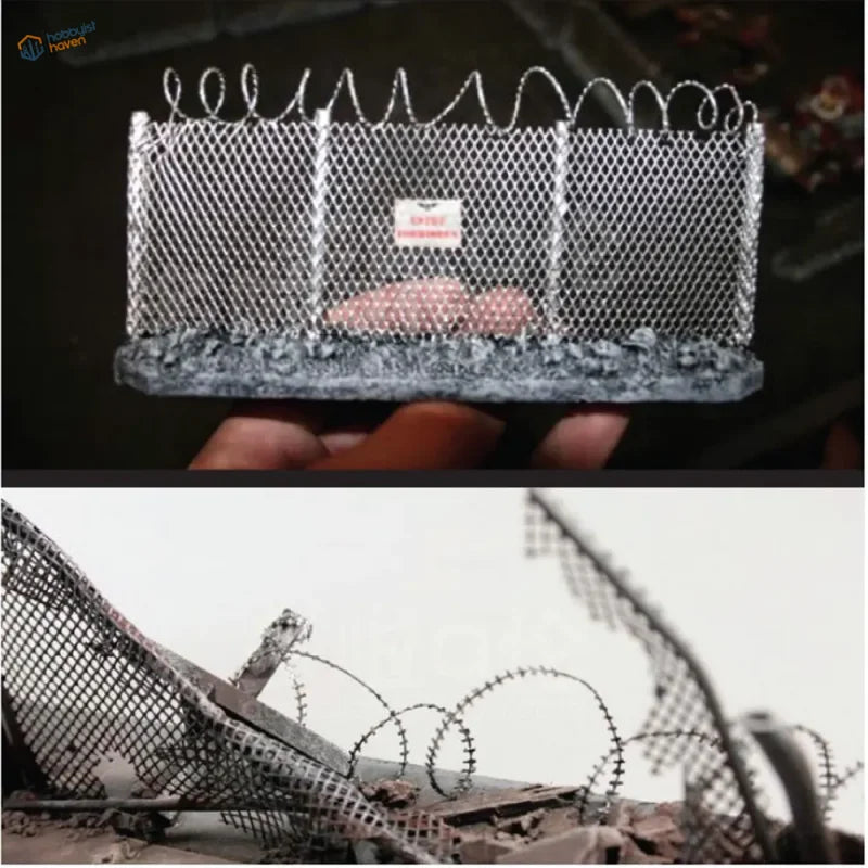 Miniature metal mesh fence model with barbed wire top and label in hand
