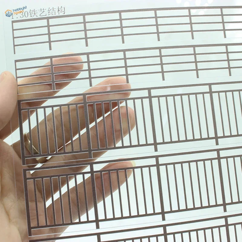 Transparent 1:30 scale miniature railing patterns on plastic sheet for scale modeling