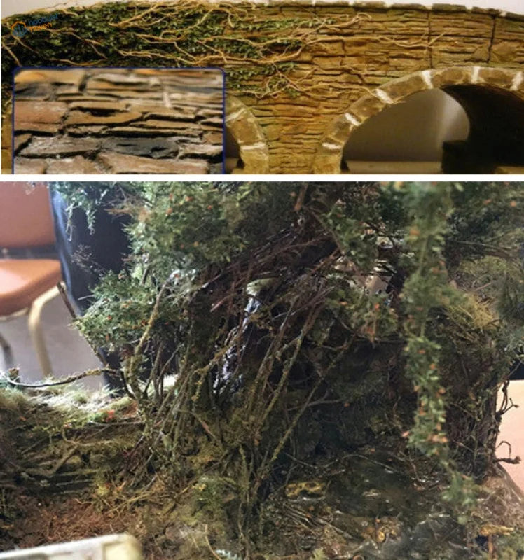 Miniature roots vine on mossy stone arch bridge for model scenery
