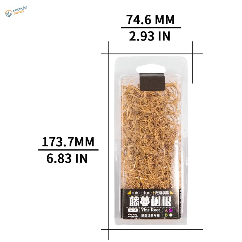 Miniature vine tree roots in clear plastic pack with black label