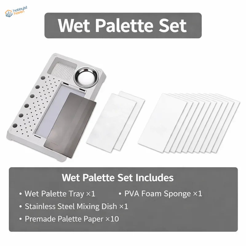 White plastic wet palette tray with stainless steel mixing dish and dispersing paper for Mo Shi Tools model painting