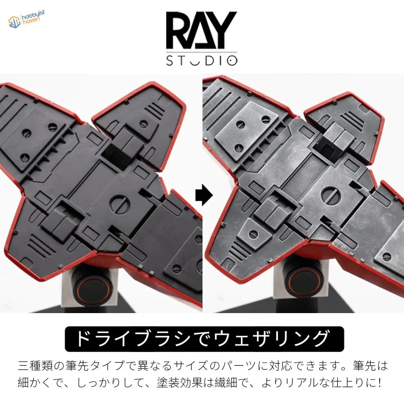 Red and black Gundam mobile suit underbelly with modeling dry brushes panels