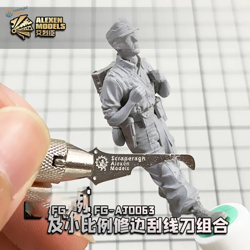 Gray resin soldier model scraped by Alexen mold line remover tool