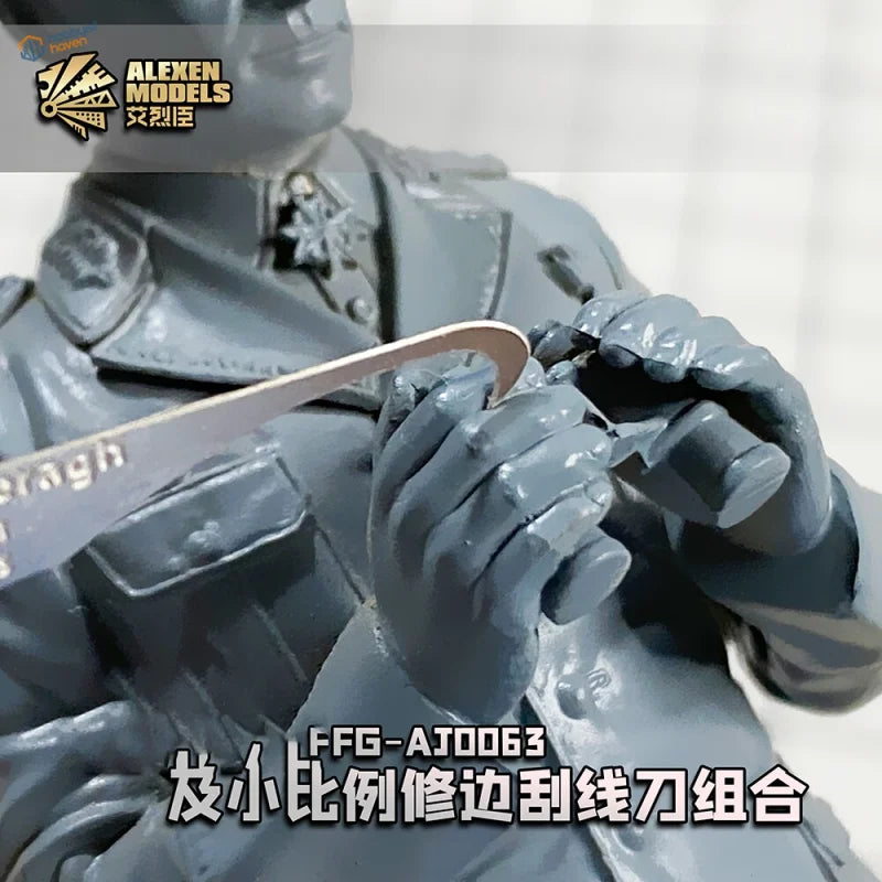 Gray plastic military officer model figure with Mold Line Remover tool