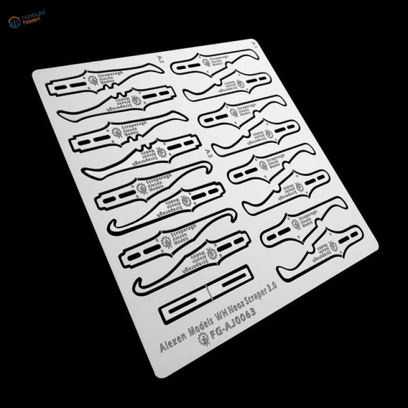 White plastic mold line remover template with black knife blade stencils