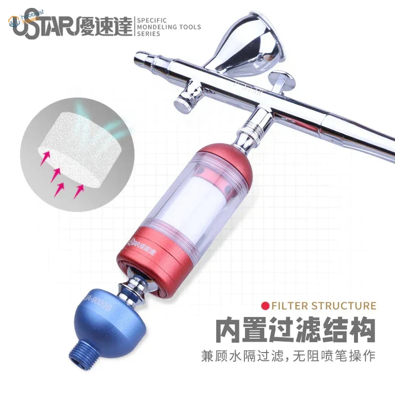 Chrome-finished movable moisture trap airbrush with red filter housing and blue nozzle