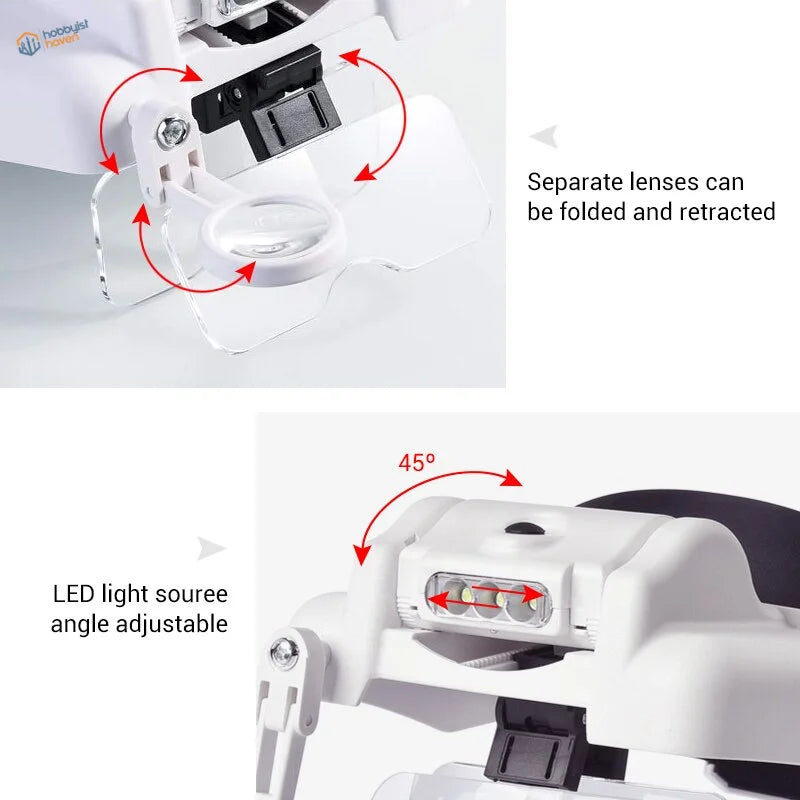 Head-worn multi-lens magnifier with LED light for fine detail work