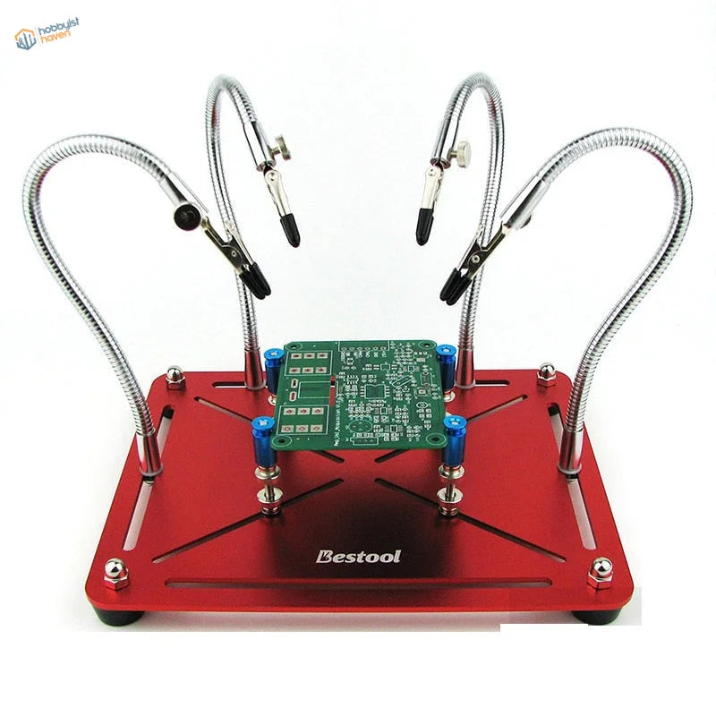 Red aluminum multifunction soldering station with 4 adjustable silver gooseneck clamps for scale modeling